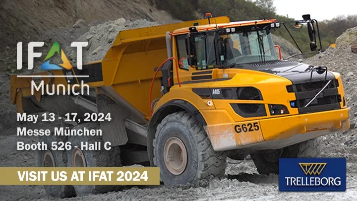 Image of a construction truck in a quarry advertising IFAT 2024 for Trelleborg Tires