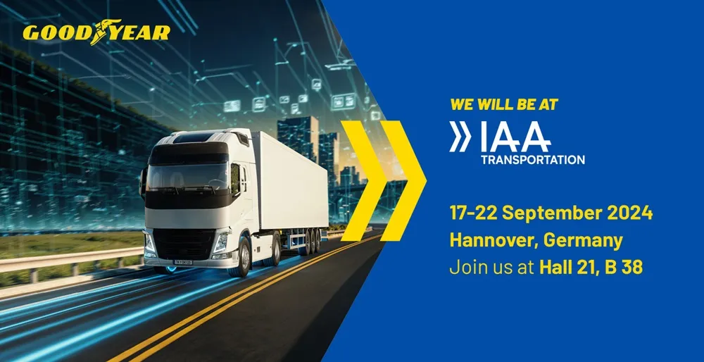 Image of Goodyear's IAA Transportation 2024 poster in blue with a white truck