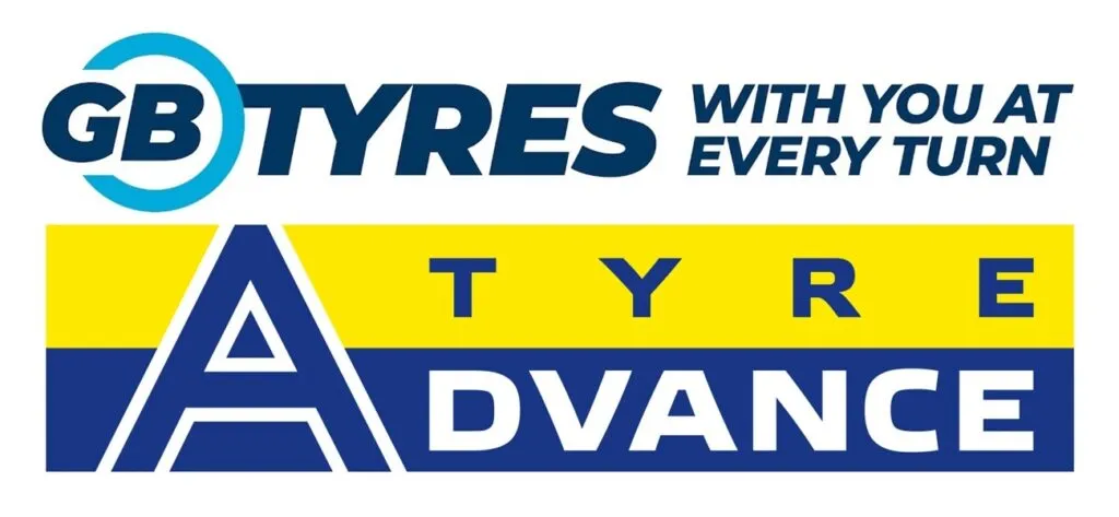 GB tyres logo in blue above the Advance Tyre logo underneath in blue and yellow