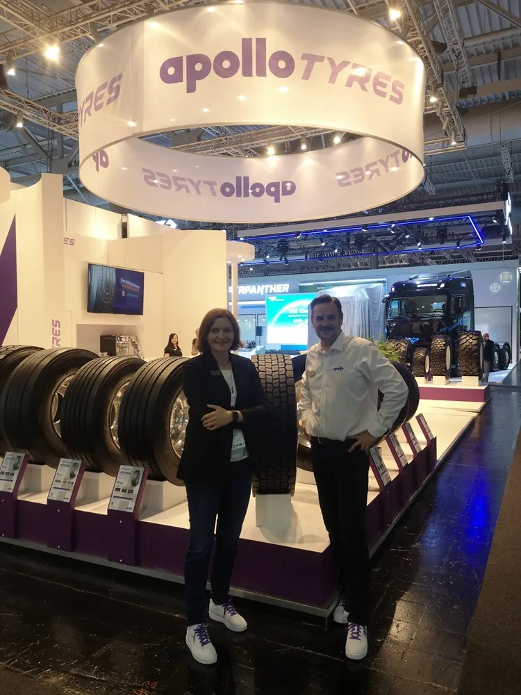 Alexandra Matuko, Head of Cluster Central (ie Germany, Switzerland and Denmark) and Nico Spirito, who is a regional truck tyre sales manager for the same region at the IAA Transportation 2024 Apollo Tyres stand.