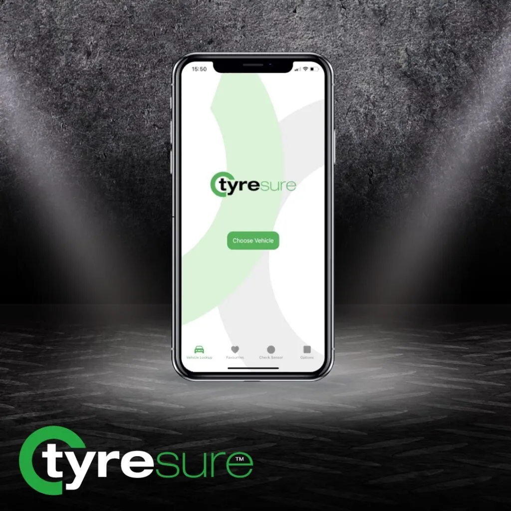 Photo of a smartphone with the Tyresure NFC App displayed and Tyresure logo in the corner in green writing