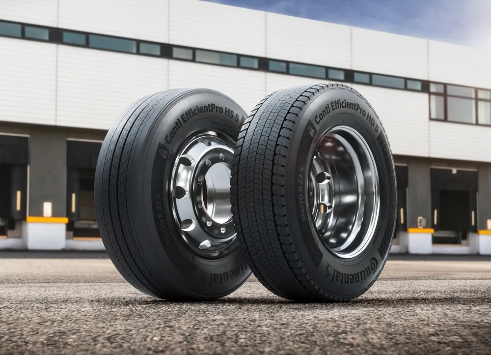 Two Continental EfficientPro 5 Commercial Vehicle Tyres on tarmac side by side