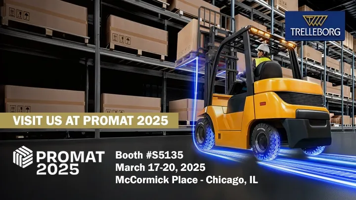 Image of a yellow forklift in a warehouse for Trelleborg Tires ProMat 2025 poster