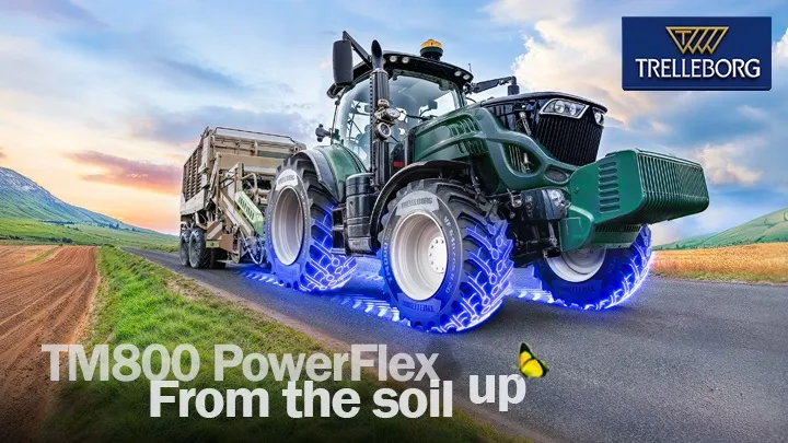 Image of a tracotr with TM800 PowerFlex Trelleborg Tyres on it. arked on a lane next to a field. Tyres are glowing blue.