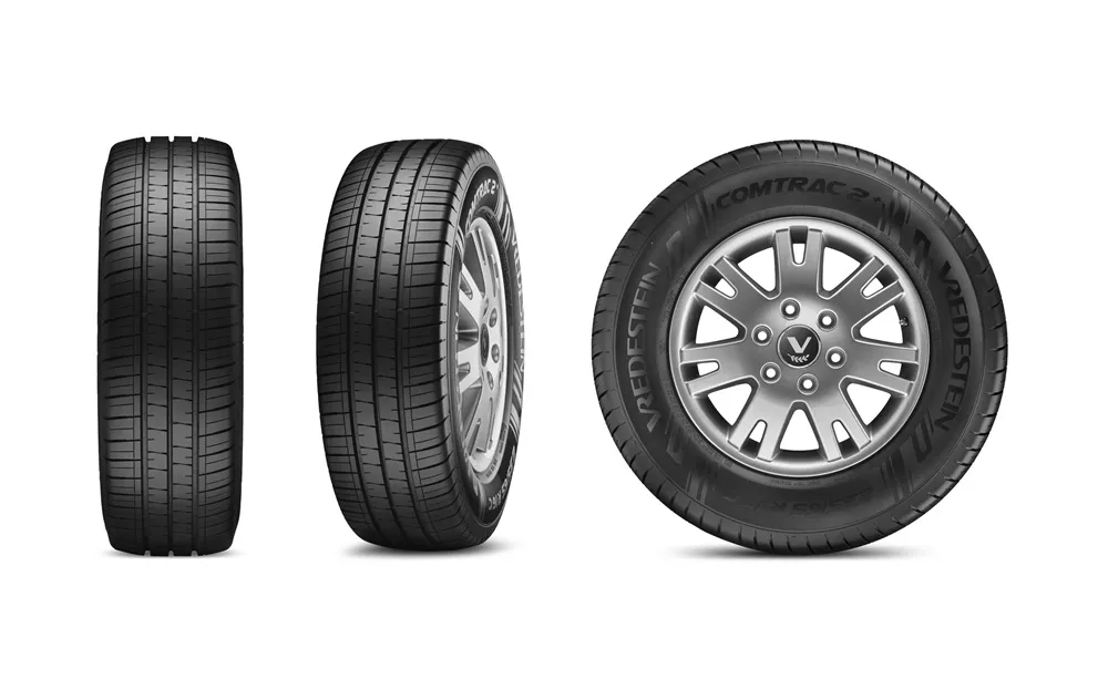 Image of the Vredestein Comtrac 2+ in three different positions: Front, front angled and side