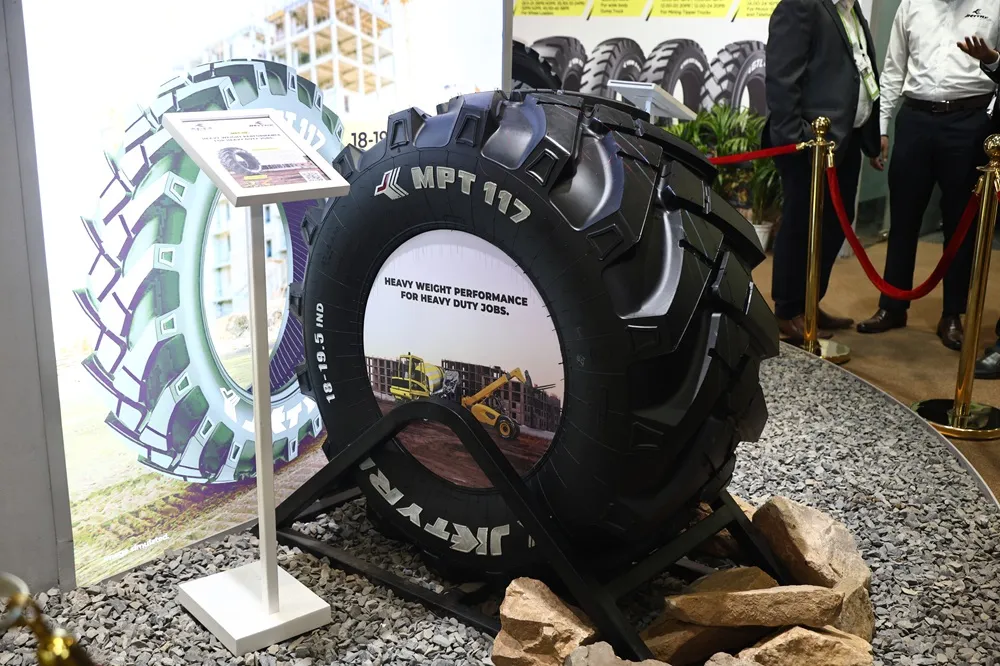 Image of a JK Tyre, side view on a stand.
