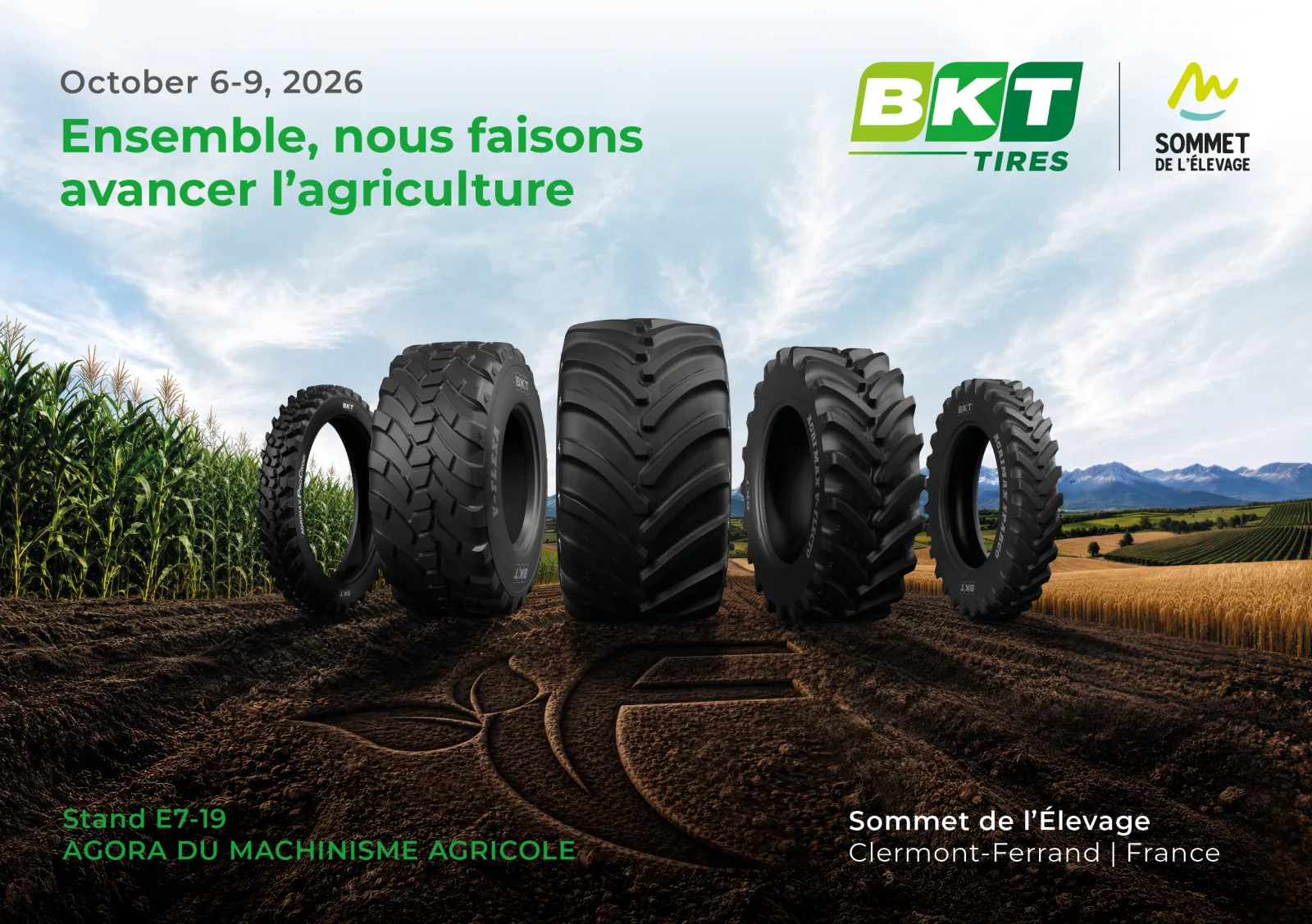 BKT Partners With Agora du Machinisme graphic with five tyres in a row on a dirt track