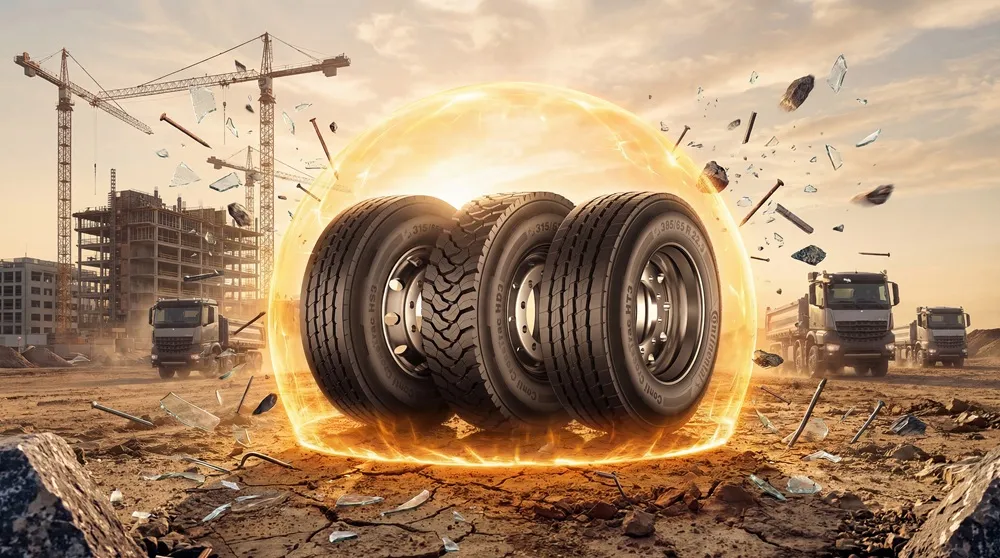 Image of three construction tyres surrounded by a glowing yellow forcefield on a construction site with half built buildings in the back ground